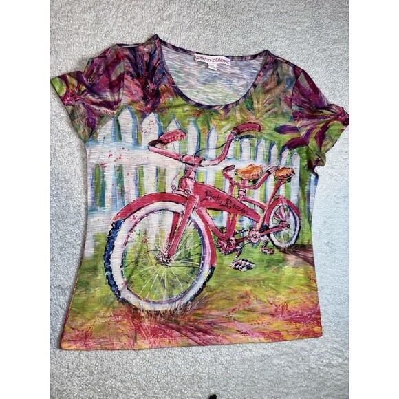Leoma Lovegrove Women’s PL Multi Abstract Colorful  Bicycle Pink Racers Art Top - Picture 1 of 5